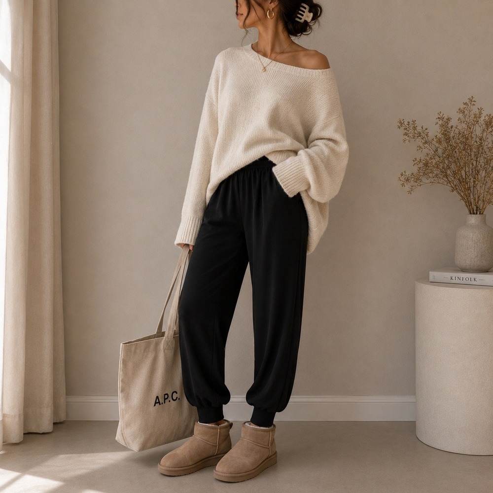Black Jogger Pants Women Medium Elastic Waist Ribbed Cuffs Minimalist Date Night - Picture 8 of 8